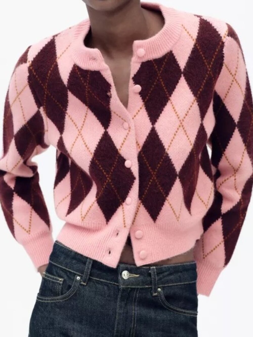 Vintage-Inspired Plaid Argyle Knit Cardigan – Pink & Burgundy Diamond Jacquard